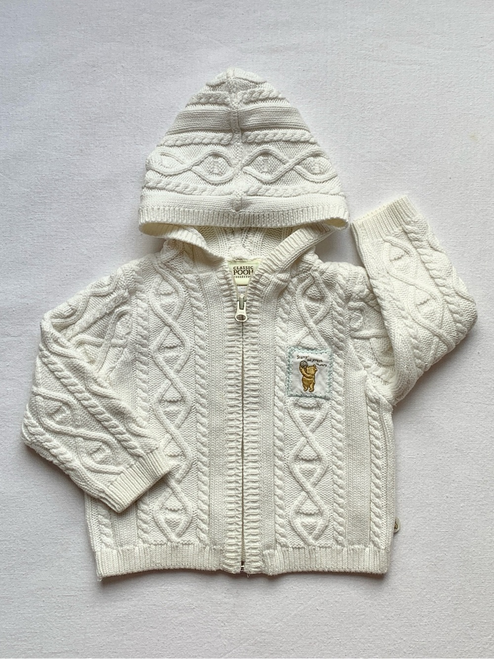 Disney Classic Pooh 100% Cotton White Cable Knit Zip Up Hooded Sweater 12-18M